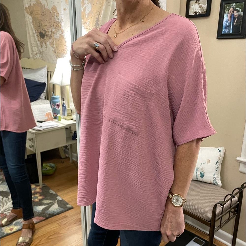 Zenana V-Neck Pocket Tunic in Mauve Pink - Picture 9 of 10
